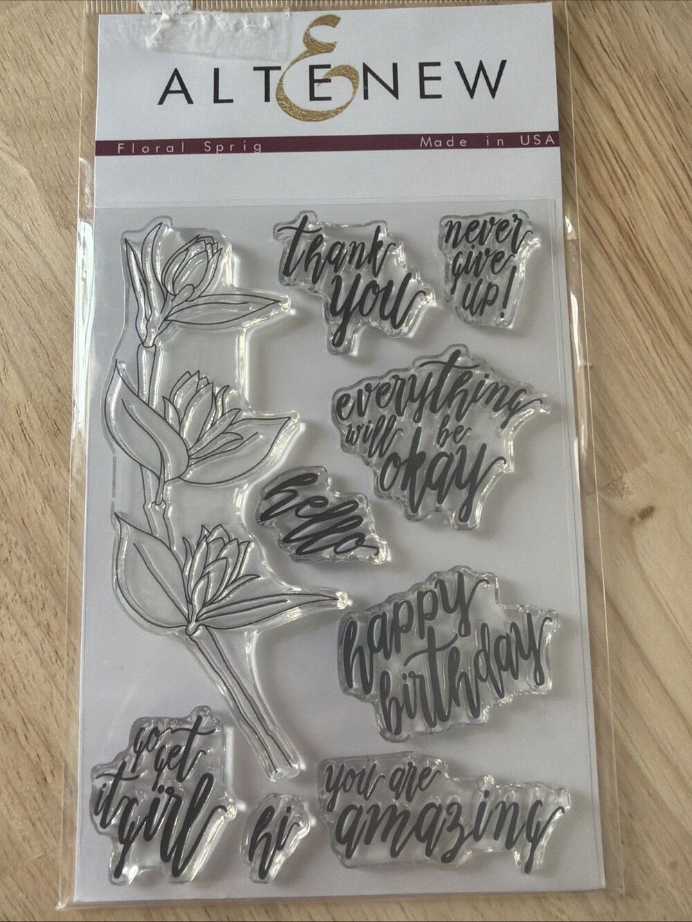 Altenew floral sprig stamp set with sentiments thanks you never give up hello